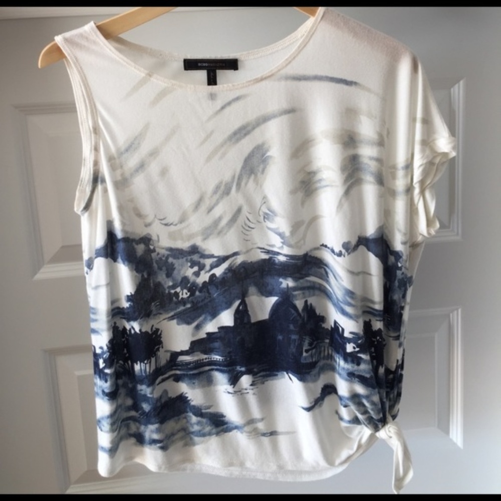 BCBGMaxAzria Blue and White Print Top w/ Side Tie